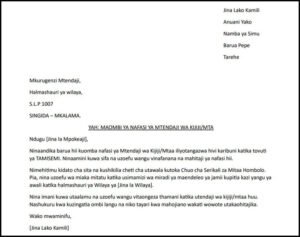 Mfano wa Barua ya Maombi ya Kazi ya Mtendaji wa Kijiji na Mtaa