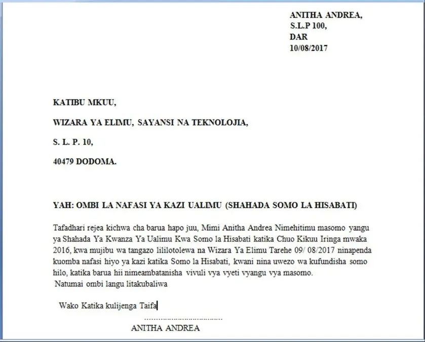 Mfano na Muundo wa Barua za Kazi ya Ualimu TAMISEMI