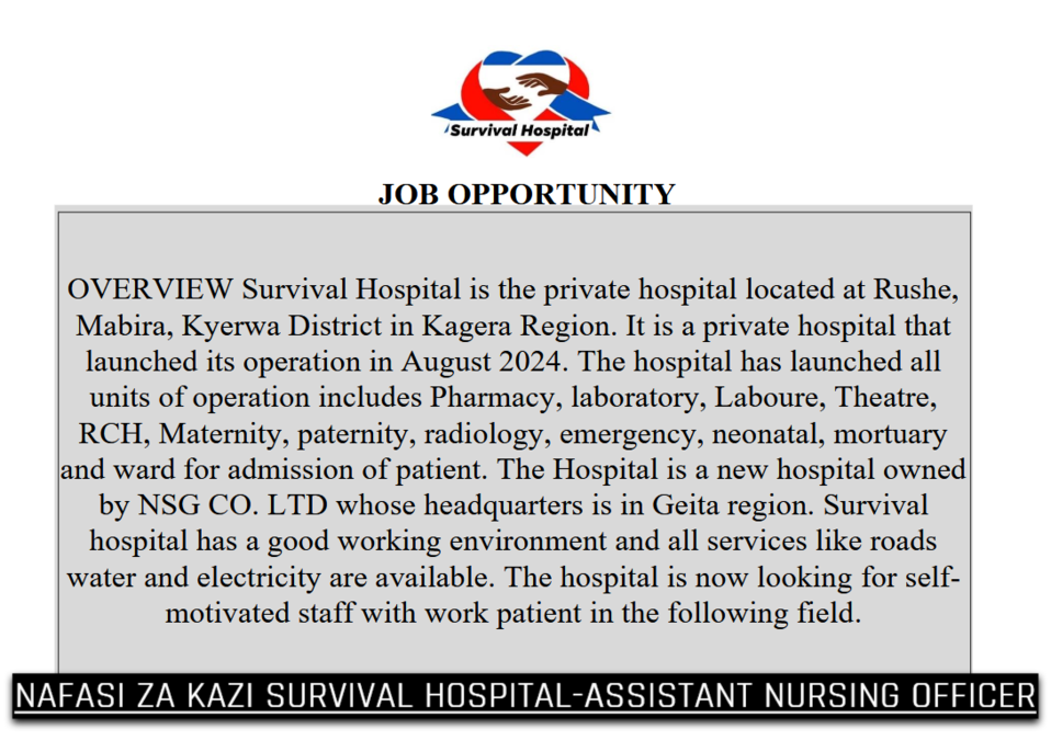 Nafasi za kazi Survival Hospital -Assistant Nursing Officer