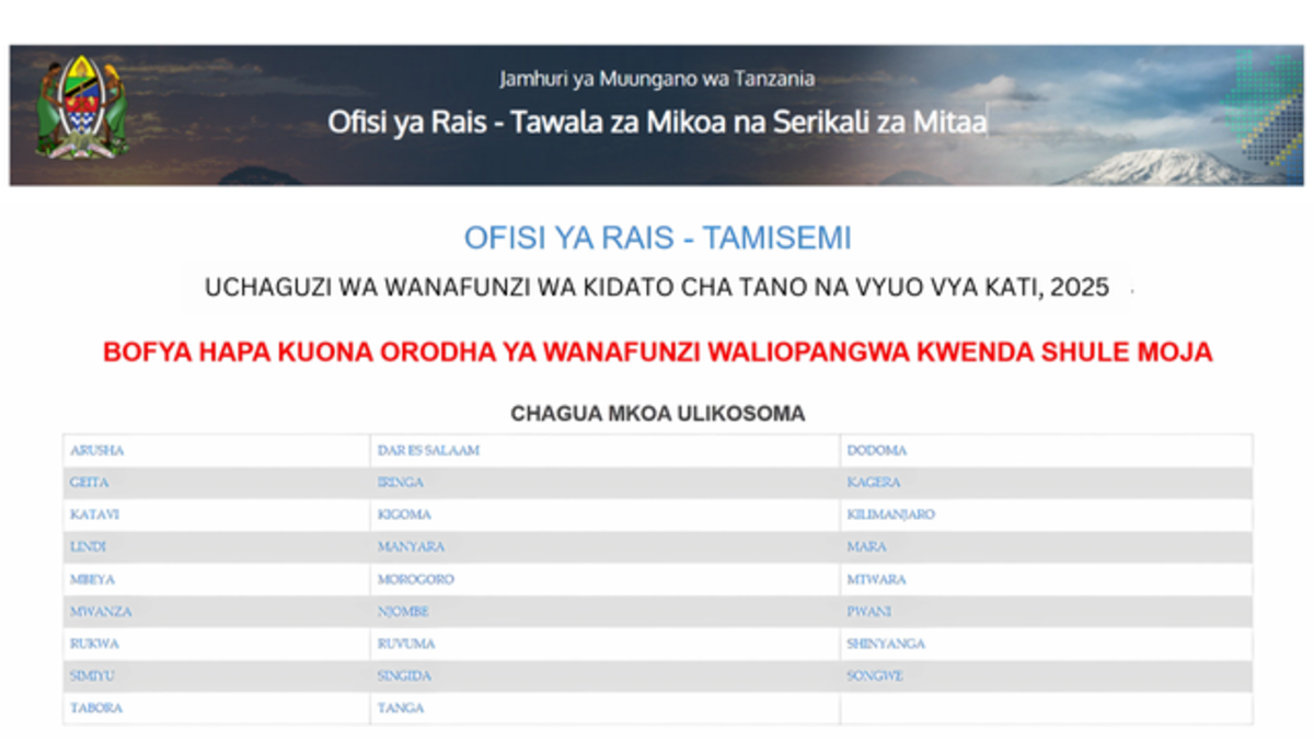 Selection Form Five 2025/2026 (Waliochaguliwa Kidato Cha Tano 2025 na Vyuo vya Kati)