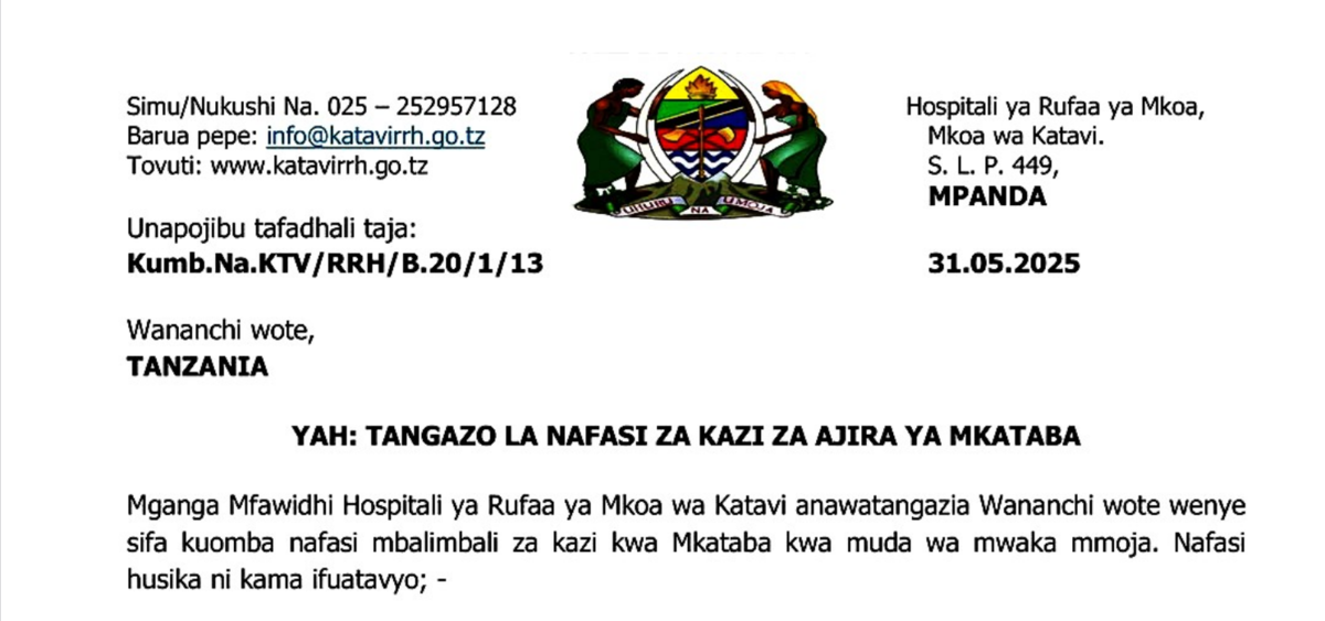 NAFASI 36 ZA KAZI HOSPITALI YA RUFAA YA MKOA WA KATAVI 2025