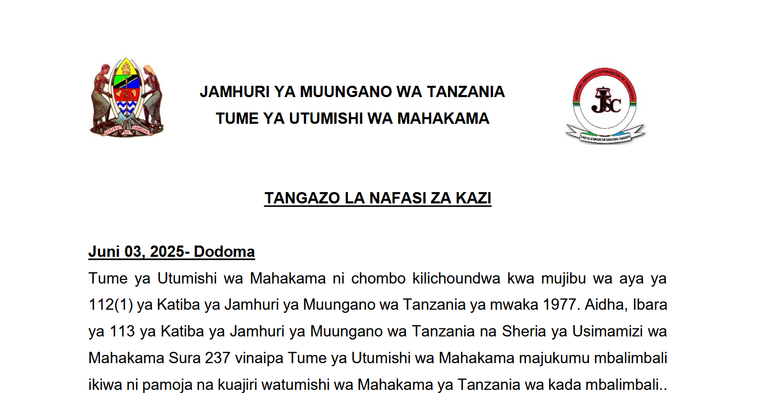 Tume ya Utumishi wa Mahakama Yatangaza Nafasi za Kazi 331– Juni 2025
