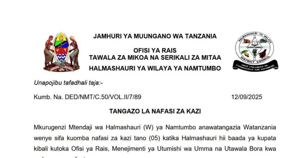 Tangazo la Nafasi za Kazi Halmashauri ya Wilaya ya Namtumbo 2025 Tangazo la Nafasi za Kazi – Halmashauri ya Wilaya ya Namtumbo 2025