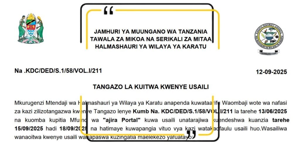 Tangazo la Kuitwa Kwenye Usaili Halmashauri ya Wilaya ya Karatu 2025 Tangazo la Kuitwa Kwenye Usaili Halmashauri ya Wilaya ya Karatu 2025